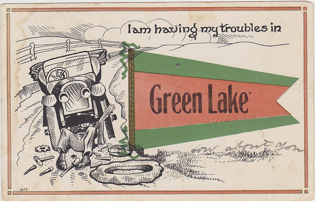 10363a - Green Lake Souvenir Card, Auto Troubles - Postmarked 1914