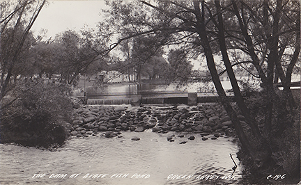 10376-The Dam at State Fish Pond. This is an early view of the dam at the Mill Pond, before it was used as a fish pond.