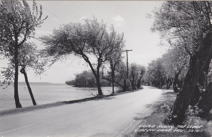 10942-Road along the shore - Green Lake. Looking South along the shore of Dartford Bay, you can see Hattie Sherwood Park Island near the center of the photo and the entrance to the campground to the right.