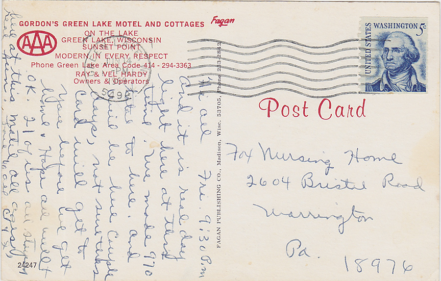 11057-Gordon's Green Lake Motel & cottages, On the lake, Green Lake Wisconsin, Sunset Point, Modern in every respect, Phone Green Lake Area Cod 414-294-3363, Ray & Vel Hardy, Owners & Operators - Canceled 1969