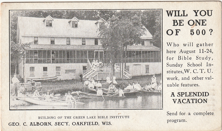 11150-Bible Institute, People in boats, row boats, Shoreline-Postmarked 1914