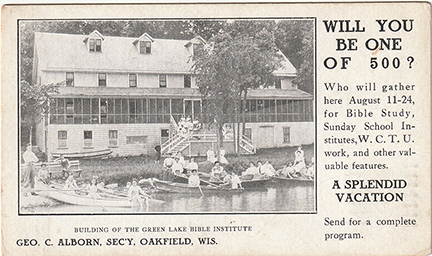 11150-Bible Institute, People in boats, row boats, Shoreline-Postmarked 1914