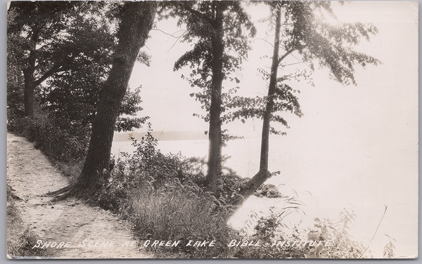 11175-Lake View, Shoreline, Trees, Path, Bible Institute -Postmarked 1942