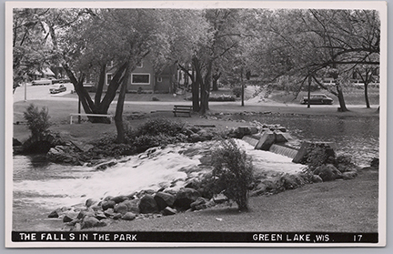 11198-The Falls in the Park - 1950's View of the main channel of the Dam looking South. Zenda's gift shop and the court house is in the background.