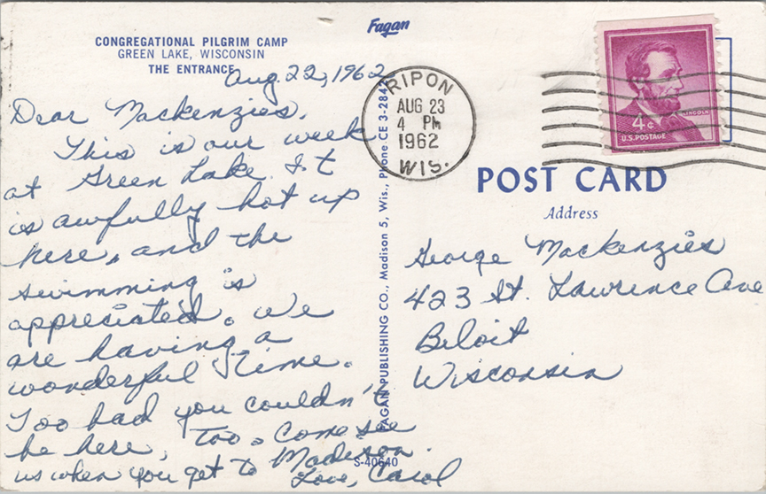 11327-Congregational Pilgrim Camp, Green Lake Wisconsin, The Entrance-Postmarked 1962