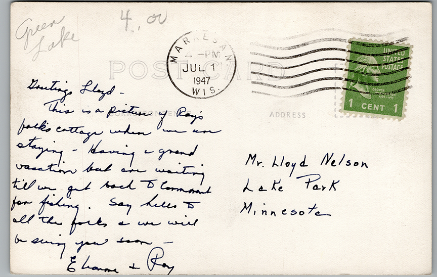 11332-Green Lake Terrace, Green Lake, Wis.-Canceled 1947