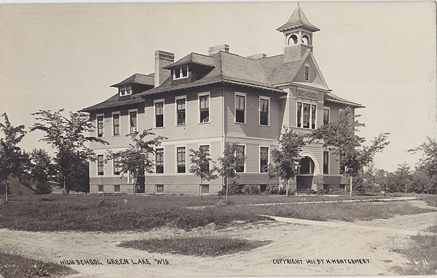 10451-High School, Green Lake, WIS copyright 1911 by H. Montgomery-Postmarked 1911