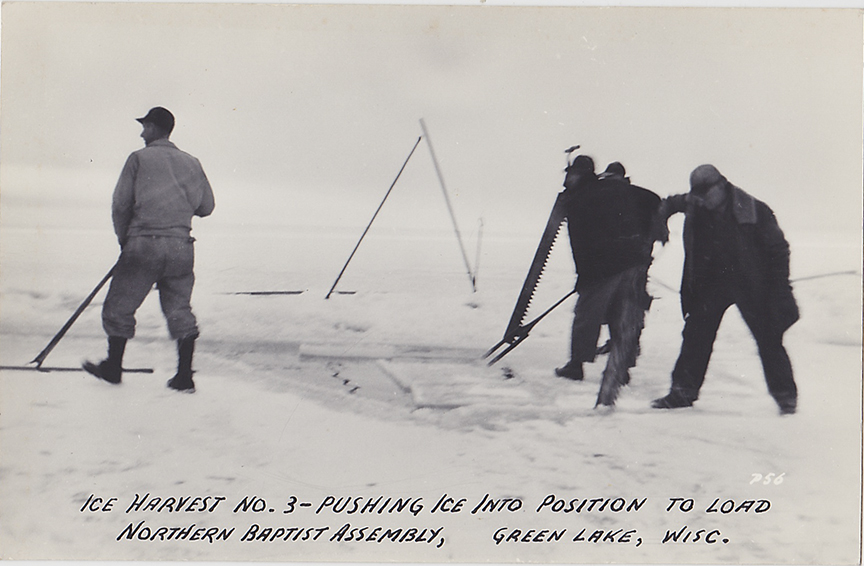 10719-Ice Harvest No. 3 - Pushing ice into position to load Northern Baptist Assembly, Green Lake, Wisc.