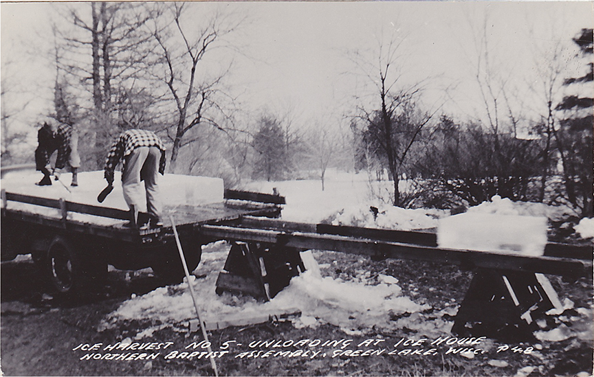 11028-Ice Harvest #5 - Unloading at Ice House Northern Baptist Assembly, Green Lake, WIS.