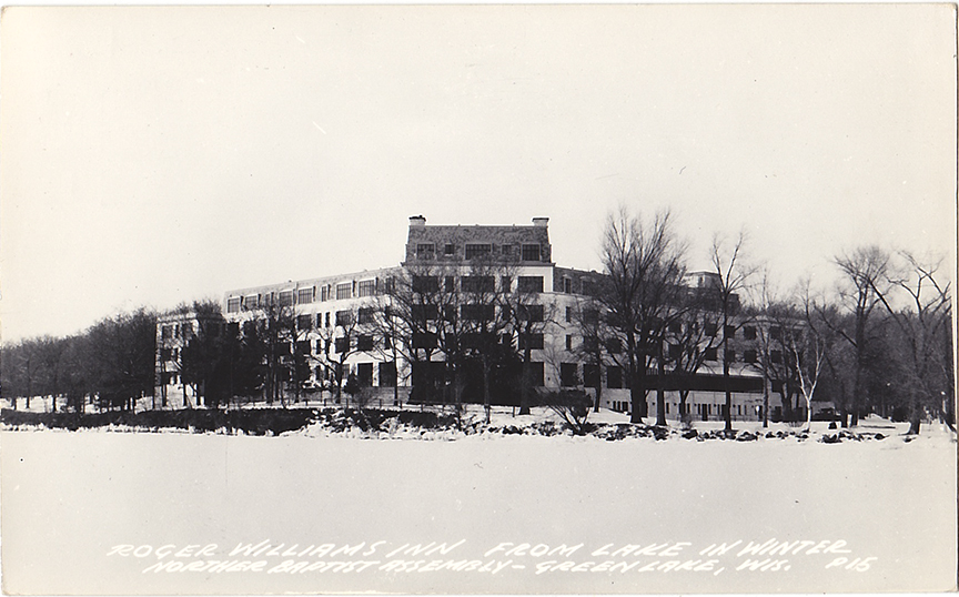 11140-Roger Williams Inn from the Lake in Winter, Northern Baptist Assembly, Green Lake, Wis.