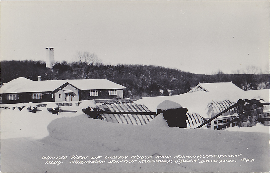 10728-Winter View of Green House and Administration Bldg. Northern Baptist Assembly, Green Lake, Wisc.