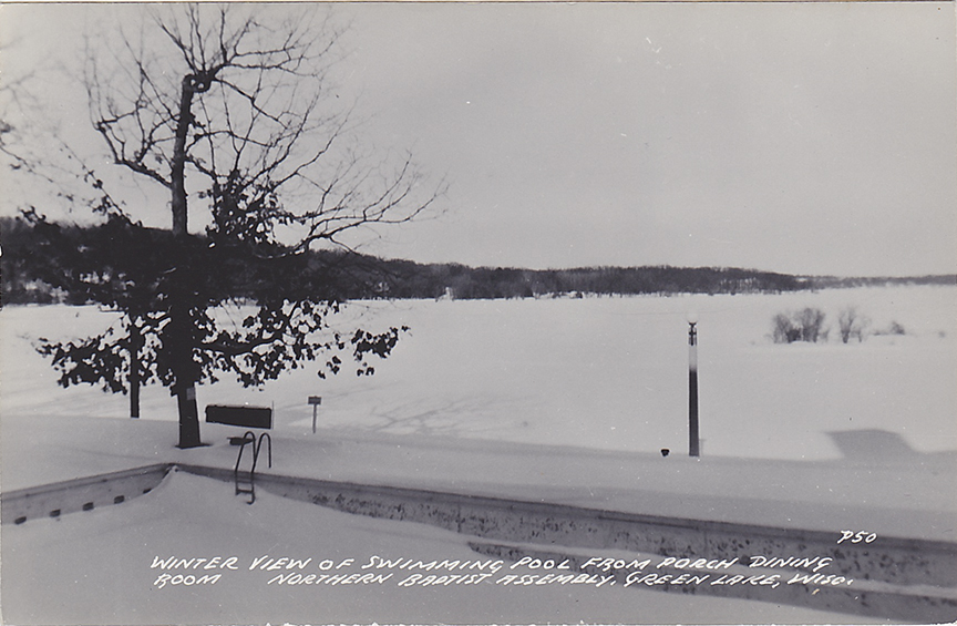 10744-Winter view of Swimming Pool from porch dinning. room. Northern Baptist Assembly, Green Lake, Wis.