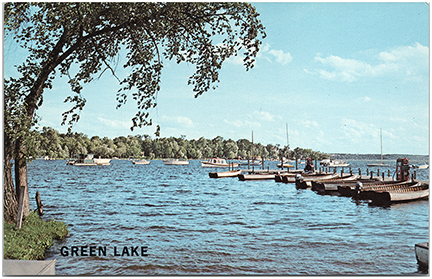 11350-Green Lake, Deepest lake in Wisconsin noted for excellent fishing of walleyed pike, trout and many other varieties of fish. An excellent Wisconsin vacation spot.