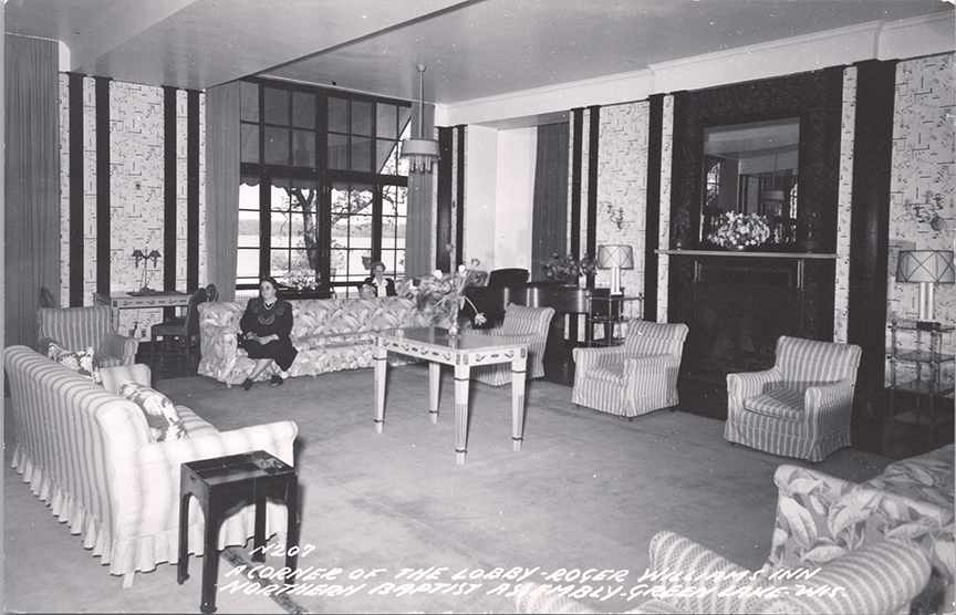 11251-A corner of the lobby-Roger Williams Inn Northern Baptist Assembly, Green Lake, Wis.