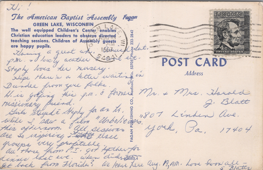 11255-The American Baptist Assembly Green Lake Wisconsin, Children's Center - Postmarked 1967
