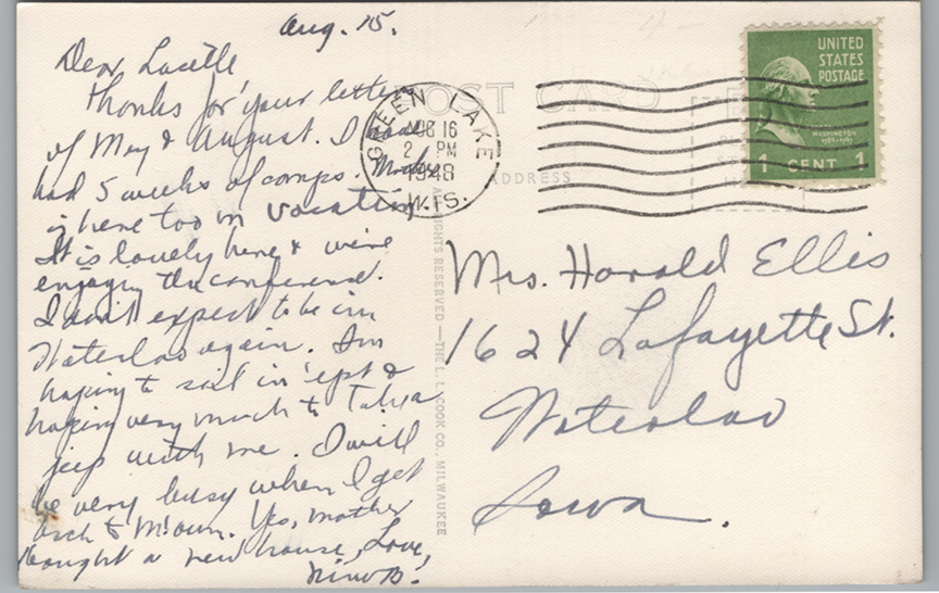 11290-Indian Village Northern Baptist Assembly Green Lake, WIS. - Canceled 1948