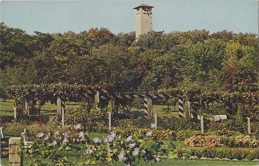 10104-The American Baptist Assembly, Green Lake, Wisconsin, The Formal Gardens and Judson Tower