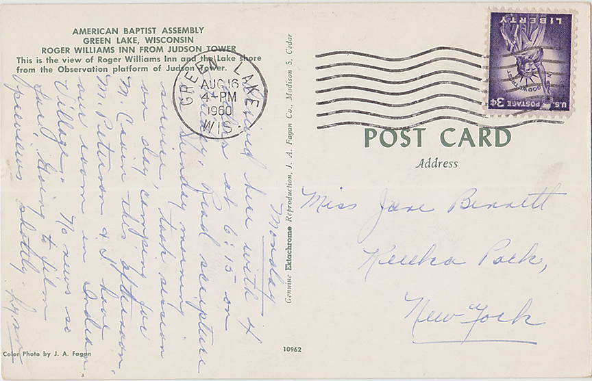 10138-American Baptist Assembly, Green Lake, Wisconsin, Roger Williams Inn from Judson Tower. - Canceled 1960