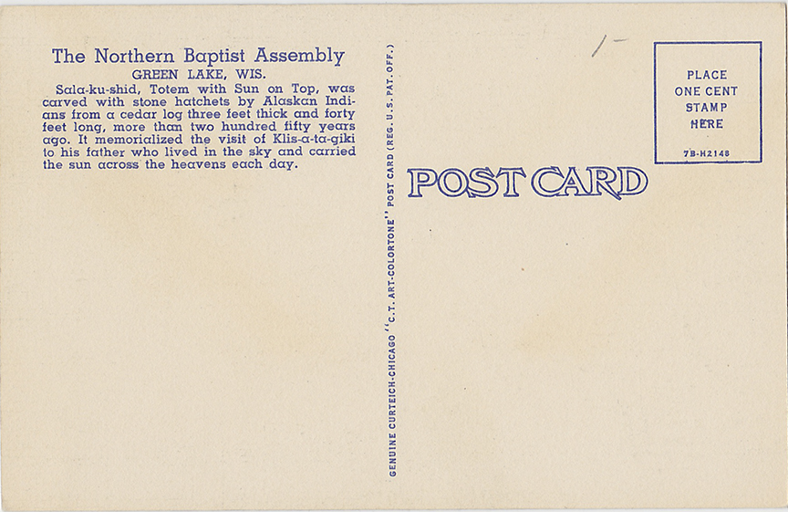 10323-SALA-KU-SHID Totem with Sun on top, Indian Village, The Northern Baptist Assembly, Green Lake, Wis.