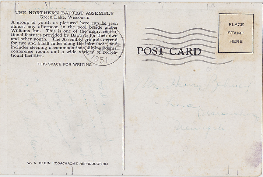 10511-The Northern Baptist Assembly Green Lake, Wisconsin - Canceled 1951