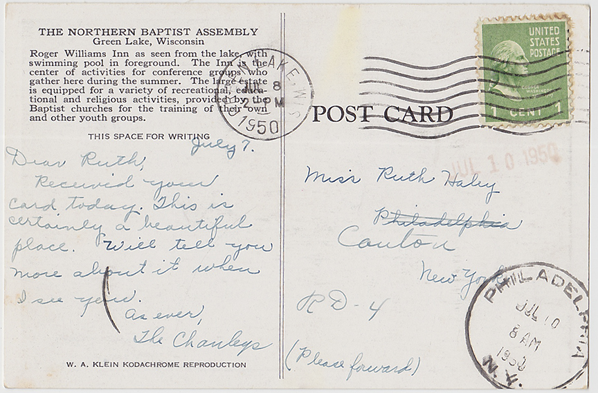 10655-The Northern Baptist Assembly, Green Lake, Wisconsin, Roger Williams Inn from the Lake - Canceled 1950