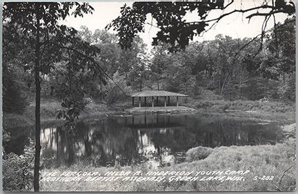 11377-The Pergola, Hilda B. Anderson Youth Camp, Northern Baptist Assembly, Green Lake, Wisc. This was Mrs. Lawsons Lilly pond. Located just north of the Tea House, the foundation is still visible.