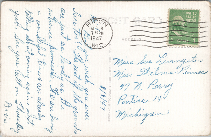 11378-East Entrance, Northern Baptist Assembly, Green Lake, Wis. - Canceled 1947