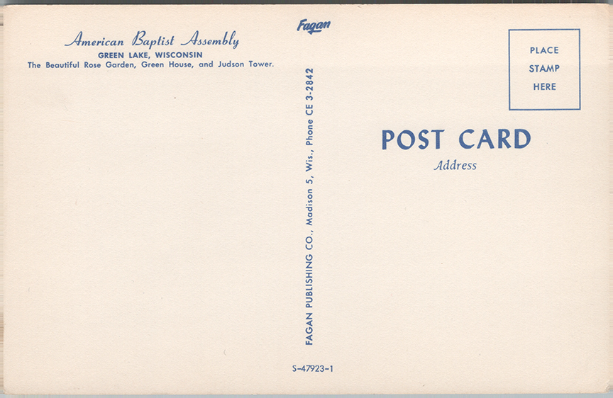 11380-American Baptist Assembly, Green Lake, Wisconsin, The beautiful Rose Garden, Green House, and Judson Tower