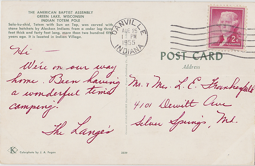 10358-The American Baptist Assembly, Green Lake, Wisconsin, Indian Totem Pole - Canceled 1955