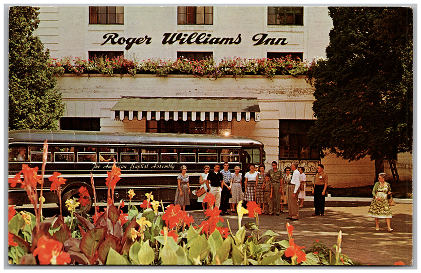 11385-American Baptist Assembly, Green Lake, Wisconsin, The Bus Tours of the Grounds start at this Colorful Entrance to the Roger Williams Inn. - Canceled 1966