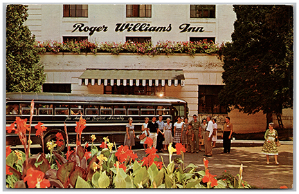 11385-American Baptist Assembly, Green Lake, Wisconsin, The Bus Tours of the Grounds start at this Colorful Entrance to the Roger Williams Inn. - Canceled 1966